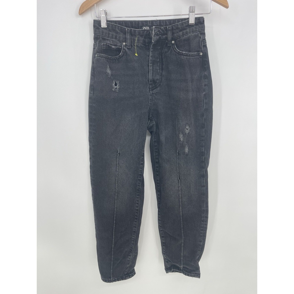 Zara Mom Jeans Size 0 Black Faded High Rise Tapered Barrel Leg Pleated Q0004